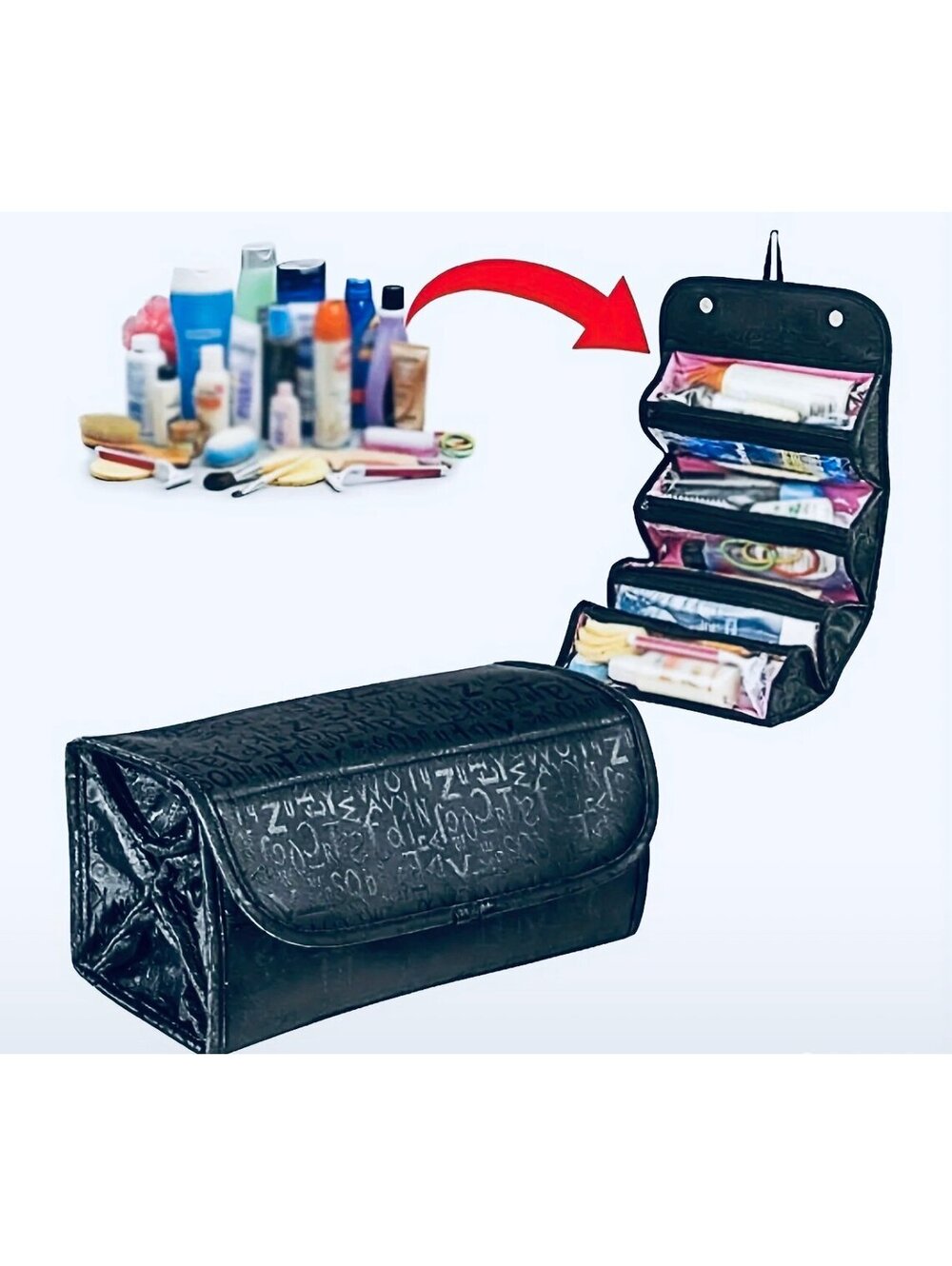 New -Foldable Cosmetic Bag with Transparent Detachable Compartments -Black